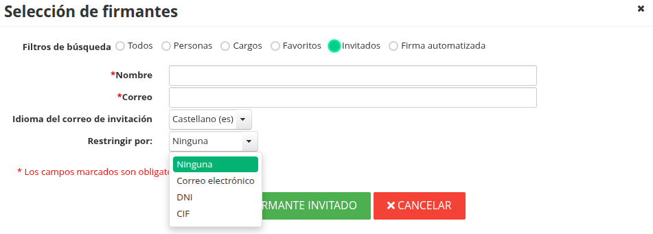 Diálogo de inserción de firmantes invitados con restricciones habilitadas Diálogo de inserción de firmantes invitados con restricciones habilitadas