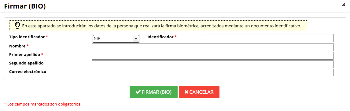 Pantalla de introducción de datos del firmante para realizar la firma biométrica Pantalla de introducción de datos del firmante para realizar la firma biométrica